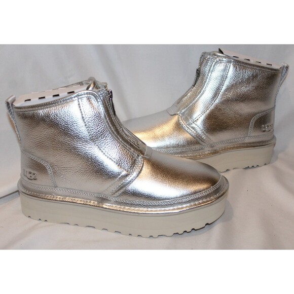 UGG WOMEN'S SILVER LEATHER NEUMEL ZIP UP PLATFORM BOOTS SZ 9 NIB - Picture 1 of 7